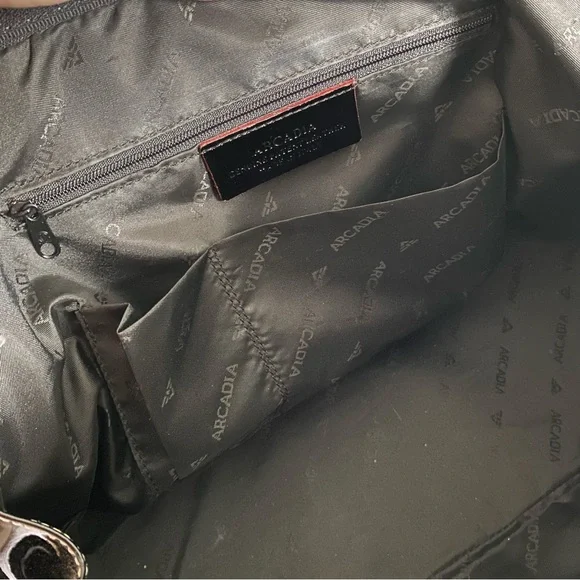 Arcadia Genuine Patent Leather Made in Italy Logo Satchel Bag Black with Red - Picture 8 of 11